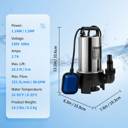 Dränkbar vattenpump, 1100W 20000L/H, med 10 m sladd och automatisk förbunden flottörbrytare, bärbart rostfritt stål för smutsigt eller rent, dräneringsöversvämningar, tomma trädgårdsdammar, simbassänger, badtunnor