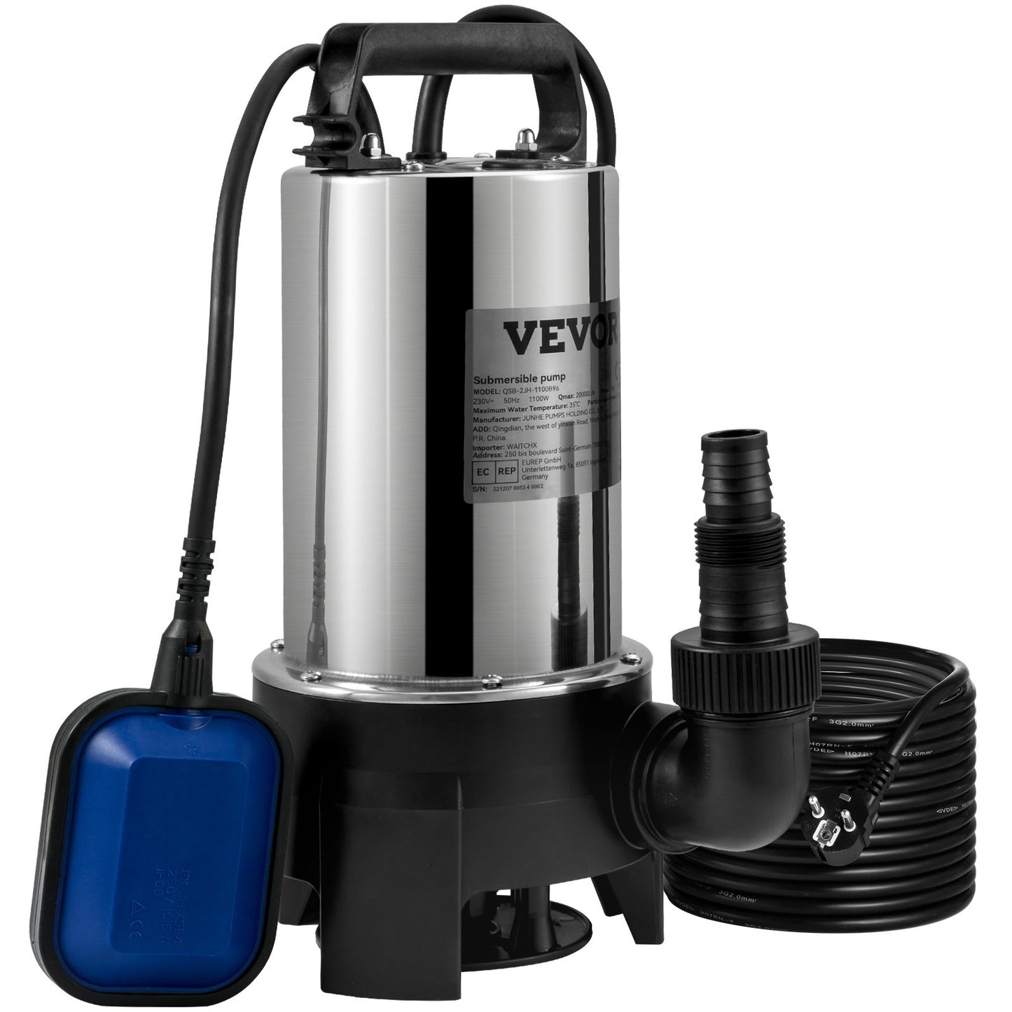 Dränkbar vattenpump, 1100W 20000L/H, med 10 m sladd och automatisk förbunden flottörbrytare, bärbart rostfritt stål för smutsigt eller rent, dräneringsöversvämningar, tomma trädgårdsdammar, simbassänger, badtunnor