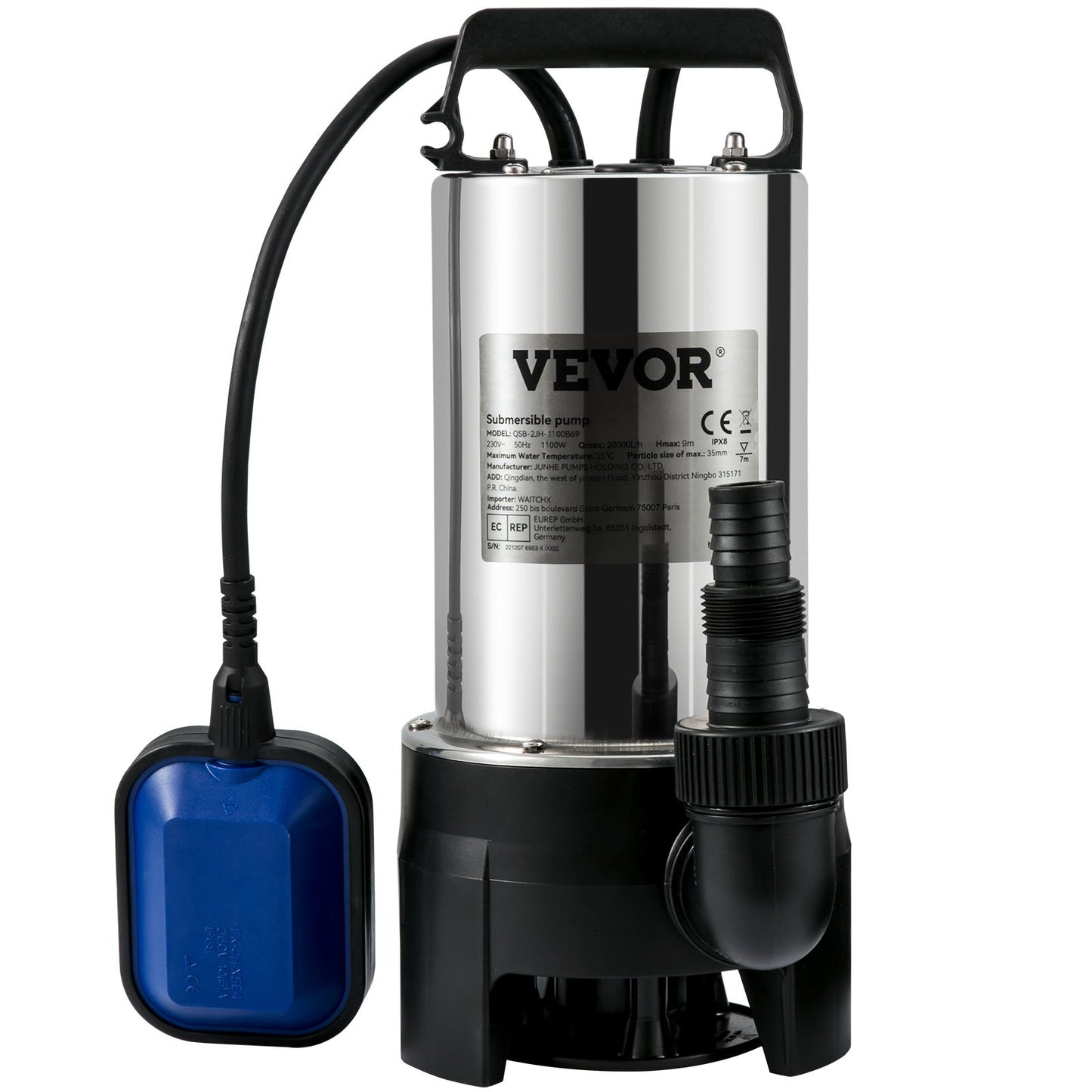 Dränkbar vattenpump, 1100W 20000L/H, med 10 m sladd och automatisk förbunden flottörbrytare, bärbart rostfritt stål för smutsigt eller rent, dräneringsöversvämningar, tomma trädgårdsdammar, simbassänger, badtunnor