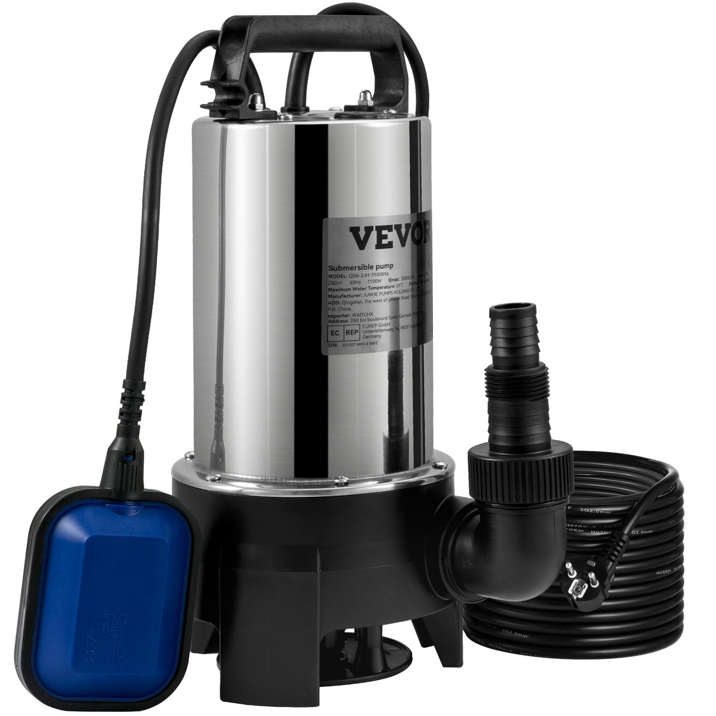 Dränkbar vattenpump, 1100W 20000L/H, med 10 m sladd och automatisk förbunden flottörbrytare, bärbart rostfritt stål för smutsigt eller rent, dräneringsöversvämningar, tomma trädgårdsdammar, simbassänger, badtunnor