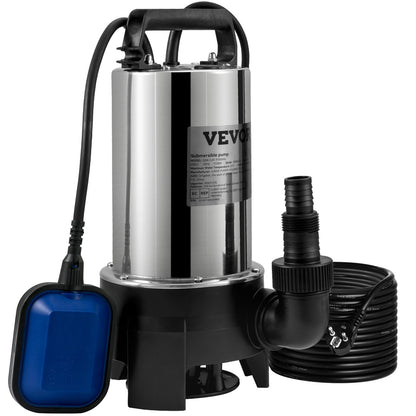 Dränkbar vattenpump, 1100W 20000L/H, med 10 m sladd och automatisk förbunden flottörbrytare, bärbart rostfritt stål för smutsigt eller rent, dräneringsöversvämningar, tomma trädgårdsdammar, simbassänger, badtunnor
