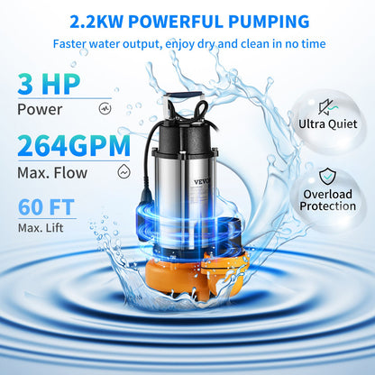 Submersible water pump, 2200W 60000L/H, with 10m cord and automatic connected float switch, portable stainless steel for dirty or clean, drainage overflows, empty garden ponds, swimming pools, hot tubs