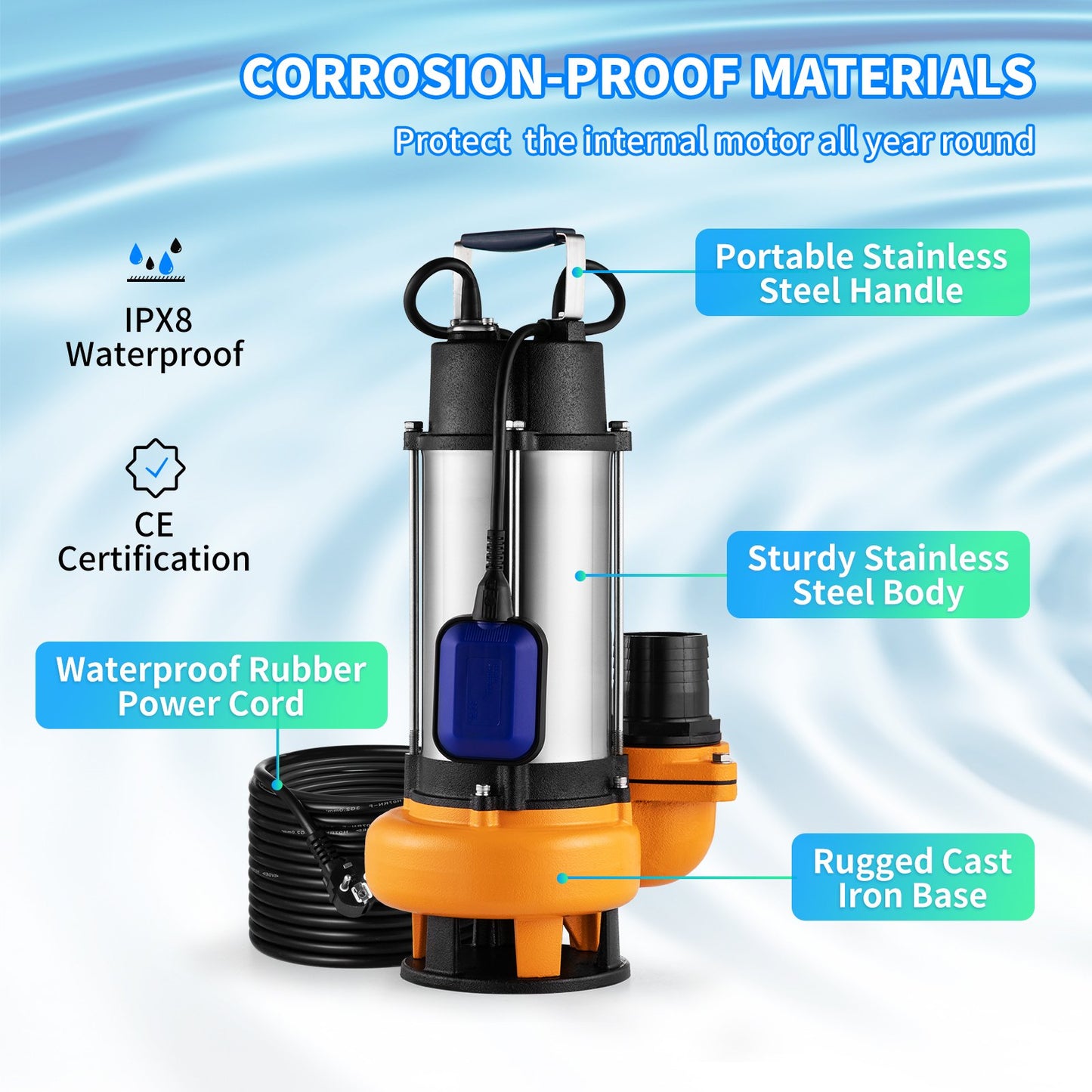 Submersible water pump, 2200W 60000L/H, with 10m cord and automatic connected float switch, portable stainless steel for dirty or clean, drainage overflows, empty garden ponds, swimming pools, hot tubs