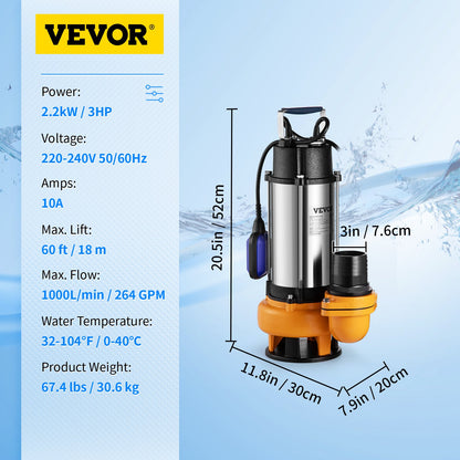 Submersible water pump, 2200W 60000L/H, with 10m cord and automatic connected float switch, portable stainless steel for dirty or clean, drainage overflows, empty garden ponds, swimming pools, hot tubs