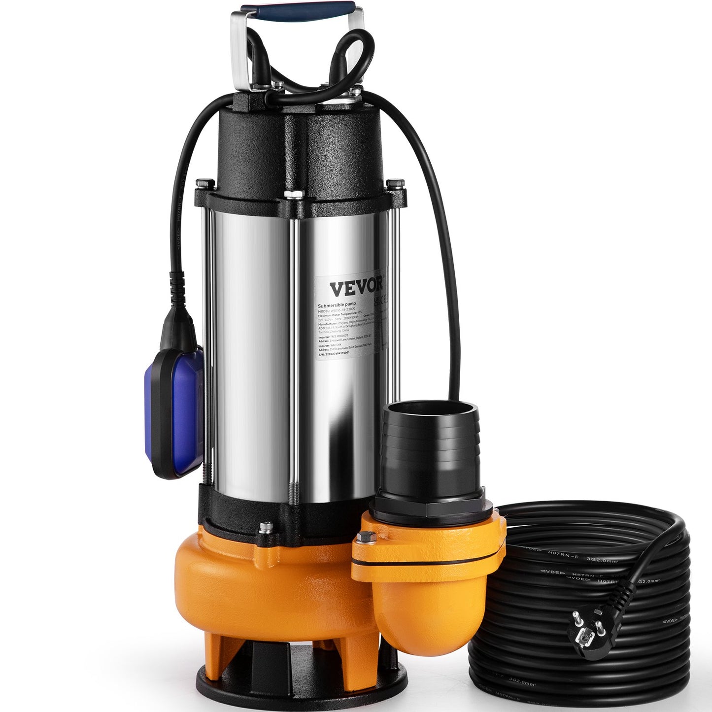 Submersible water pump, 2200W 60000L/H, with 10m cord and automatic connected float switch, portable stainless steel for dirty or clean, drainage overflows, empty garden ponds, swimming pools, hot tubs