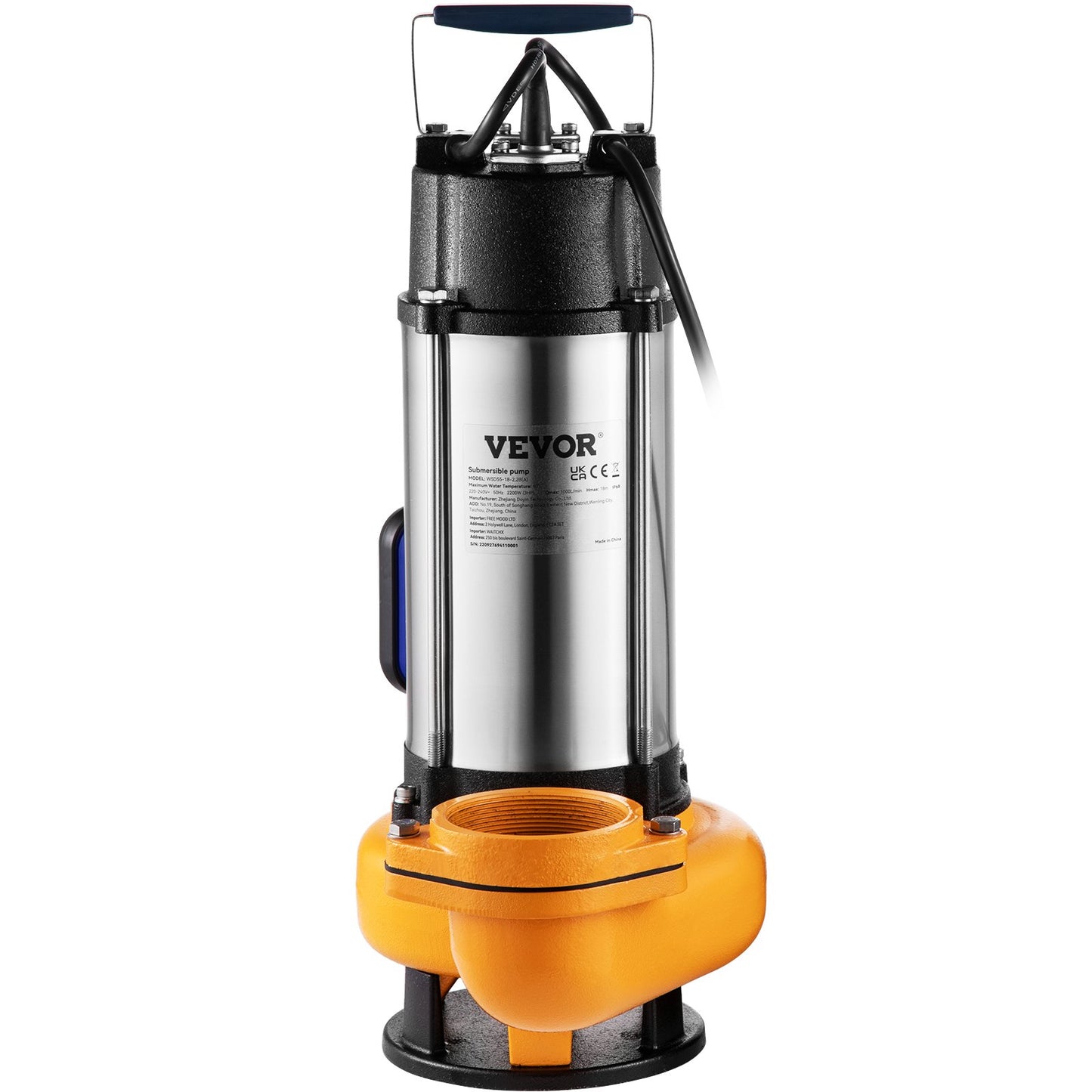 Submersible water pump, 2200W 60000L/H, with 10m cord and automatic connected float switch, portable stainless steel for dirty or clean, drainage overflows, empty garden ponds, swimming pools, hot tubs