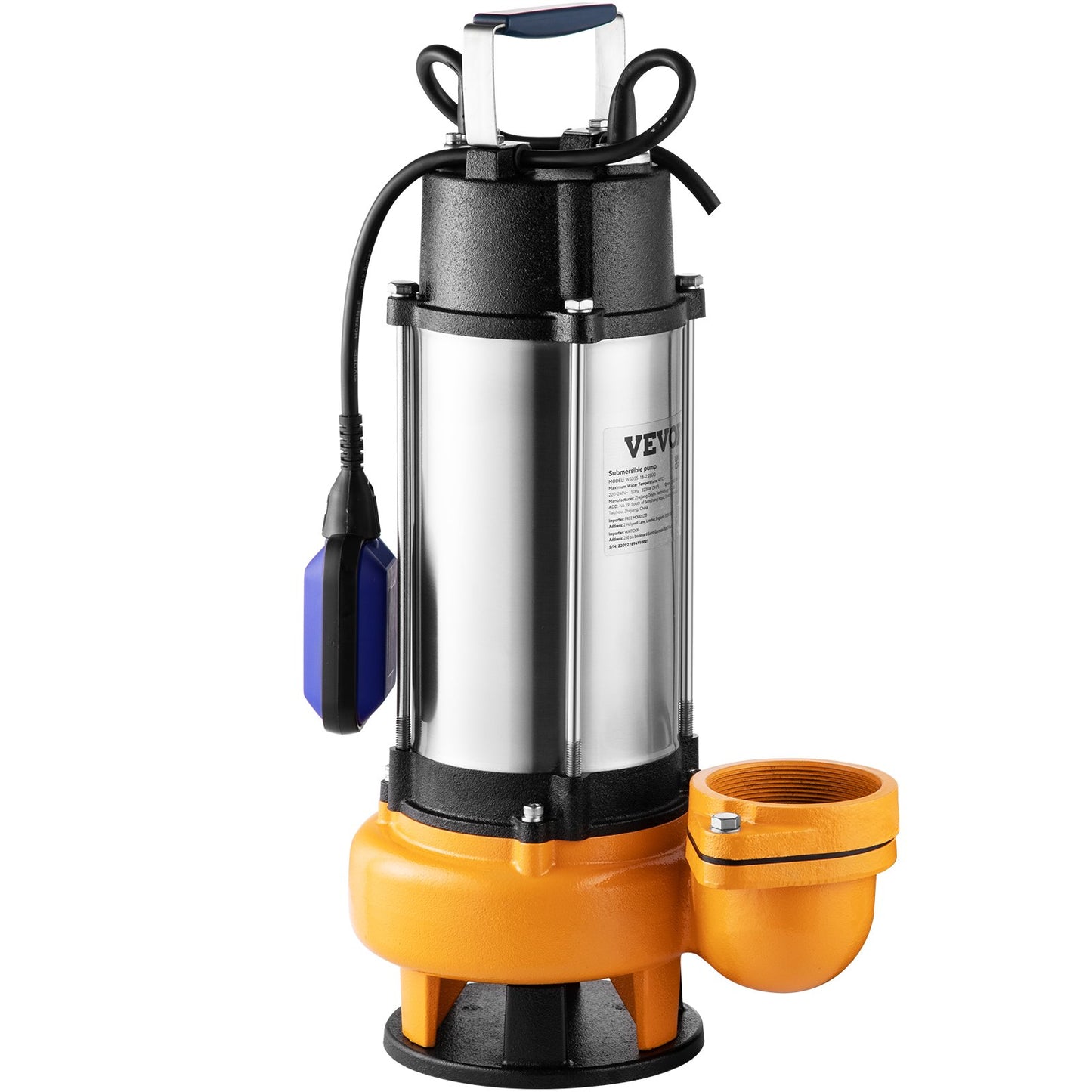 Submersible water pump, 2200W 60000L/H, with 10m cord and automatic connected float switch, portable stainless steel for dirty or clean, drainage overflows, empty garden ponds, swimming pools, hot tubs