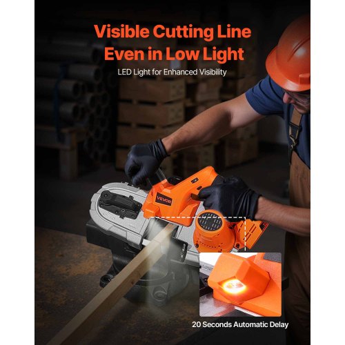 Tragbare, kabellose 20-V-Bandsäge, 2,56 Zoll Schnitttiefe, 0–92 m/min, bürstenloser Motor mit variabler Geschwindigkeit und LED-Licht zum Schneiden von Stahl, Aluminium, Kabeln, Winkeleisen, PVC-Rohren (nur Werkzeug)