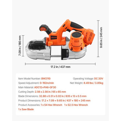 Tragbare, kabellose 20-V-Bandsäge, 2,56 Zoll Schnitttiefe, 0–92 m/min, bürstenloser Motor mit variabler Geschwindigkeit und LED-Licht zum Schneiden von Stahl, Aluminium, Kabeln, Winkeleisen, PVC-Rohren (nur Werkzeug)