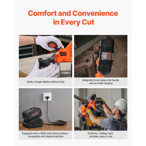 20V Portable Cordless Band Saw Kit with Battery and Charger, 65 x 65 mm Cutting Depth Metal Band Saw with Brushless Motor, 0-192 m/min Variable Speed ​​for Cutting Metal, Wood | EU