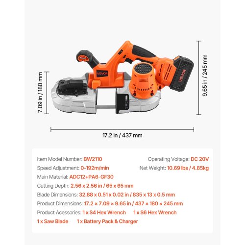 20V Portable Cordless Band Saw Kit with Battery and Charger, 65 x 65 mm Cutting Depth Metal Band Saw with Brushless Motor, 0-192 m/min Variable Speed ​​for Cutting Metal, Wood | EU