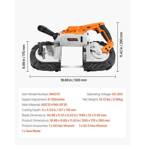 20V Bärbar Sladdlös Bandsåg 13 cm Skärdjup 0-120 m/min Variabel hastighet Borstlös Motor, Med LED-ljus, För Sågning Av Stål, Aluminium, Kablar, Vinklingsjärn, PVC-rör (Bara Verktyg)