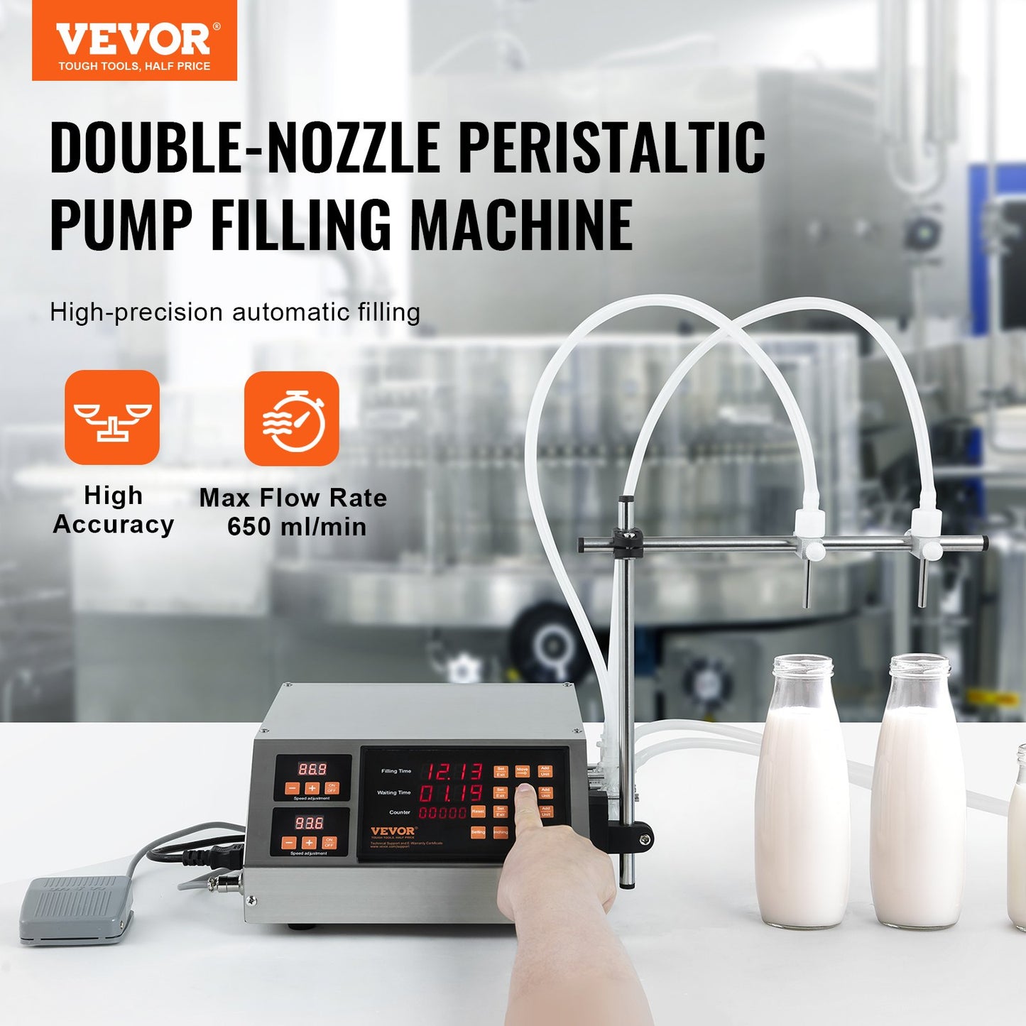Vätskepåfyllningsmaskin, 5-650 ml påfyllningskapacitet, automatisk flaskfyllningsmaskin, tappningsmaskin peristaltisk pump digital kontroll för mjölk, vatten, vin, dryck, sojasås (dubbelt munstycke)