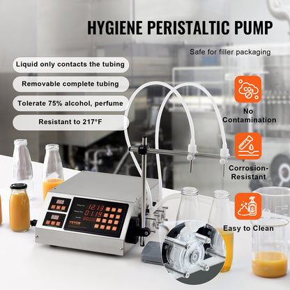 Vätskepåfyllningsmaskin, 5-650 ml påfyllningskapacitet, automatisk flaskfyllningsmaskin, tappningsmaskin peristaltisk pump digital kontroll för mjölk, vatten, vin, dryck, sojasås (dubbelt munstycke)