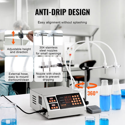 Vätskepåfyllningsmaskin, 5-650 ml påfyllningskapacitet, automatisk flaskfyllningsmaskin, tappningsmaskin peristaltisk pump digital kontroll för mjölk, vatten, vin, dryck, sojasås (dubbelt munstycke)