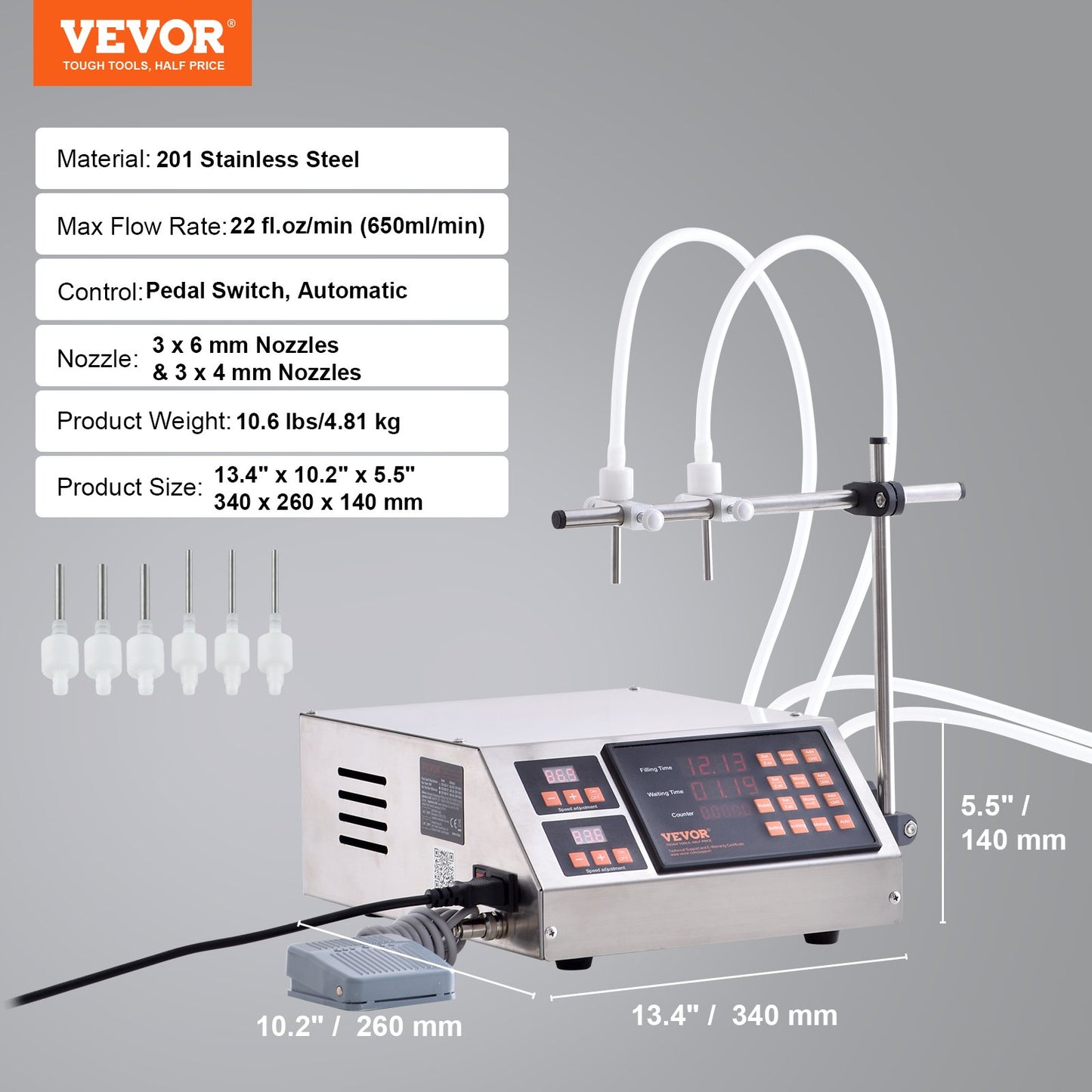 Vätskepåfyllningsmaskin, 5-650 ml påfyllningskapacitet, automatisk flaskfyllningsmaskin, tappningsmaskin peristaltisk pump digital kontroll för mjölk, vatten, vin, dryck, sojasås (dubbelt munstycke)