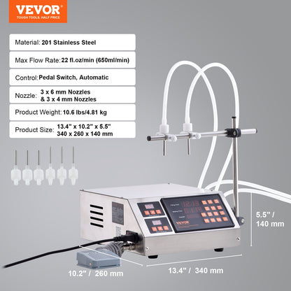 Vätskepåfyllningsmaskin, 5-650 ml påfyllningskapacitet, automatisk flaskfyllningsmaskin, tappningsmaskin peristaltisk pump digital kontroll för mjölk, vatten, vin, dryck, sojasås (dubbelt munstycke)
