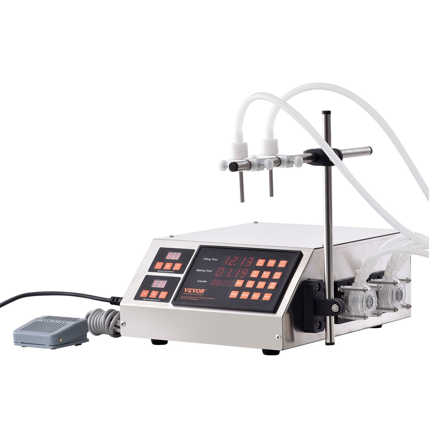 Vätskepåfyllningsmaskin, 5-650 ml påfyllningskapacitet, automatisk flaskfyllningsmaskin, tappningsmaskin peristaltisk pump digital kontroll för mjölk, vatten, vin, dryck, sojasås (dubbelt munstycke)