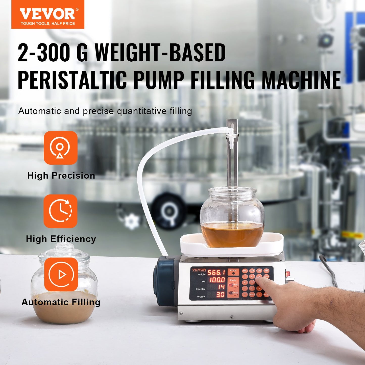 Vätskepåfyllningsmaskin, 5-300 g vägningskapacitet, automatisk flaskpåfyllningsmaskin, tappningsmaskin Peristaltisk pump Digital kontroll för mjölk, vatten, vin, dryck, sojasås (enkel munstycke)