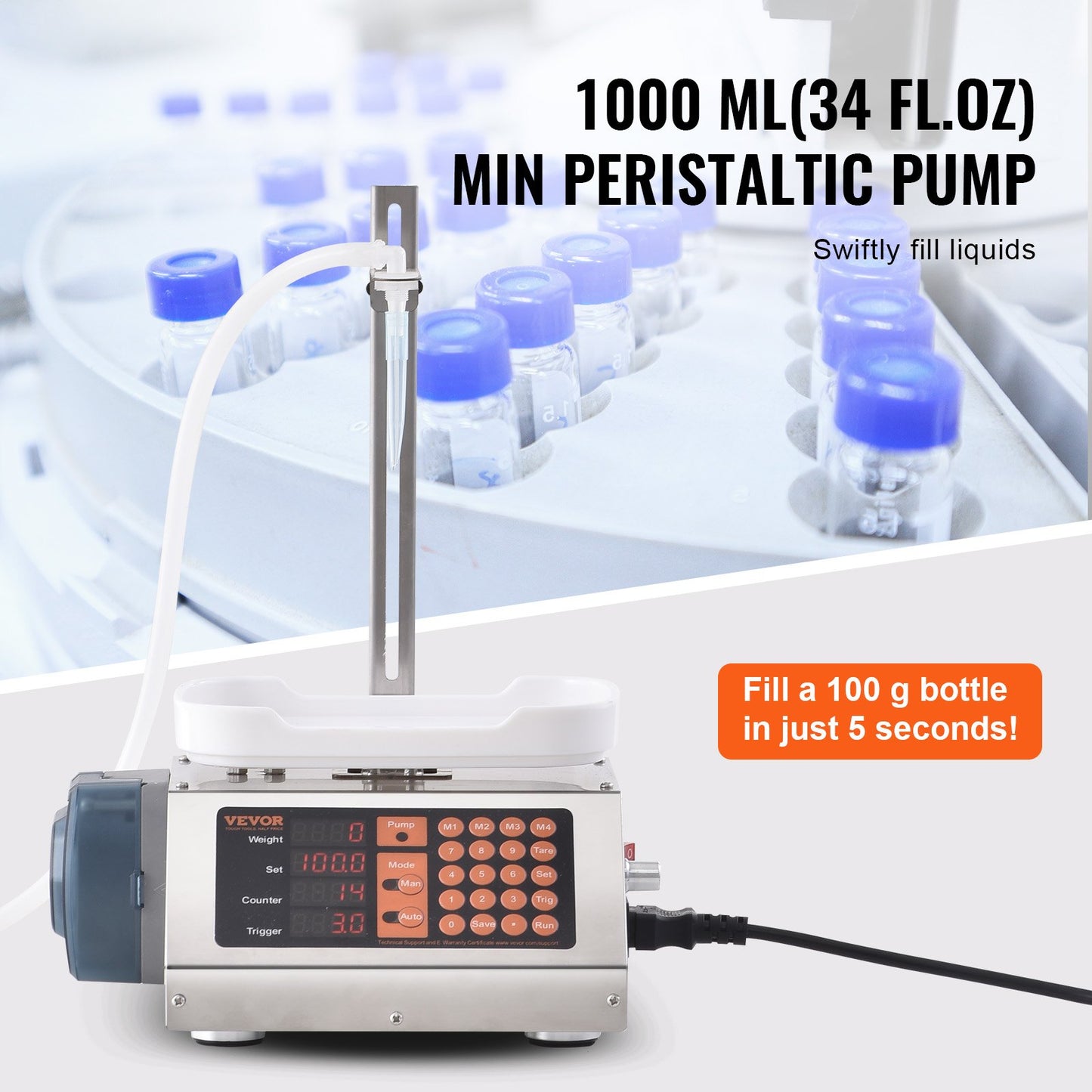Vätskepåfyllningsmaskin, 5-300 g vägningskapacitet, automatisk flaskpåfyllningsmaskin, tappningsmaskin Peristaltisk pump Digital kontroll för mjölk, vatten, vin, dryck, sojasås (enkel munstycke)
