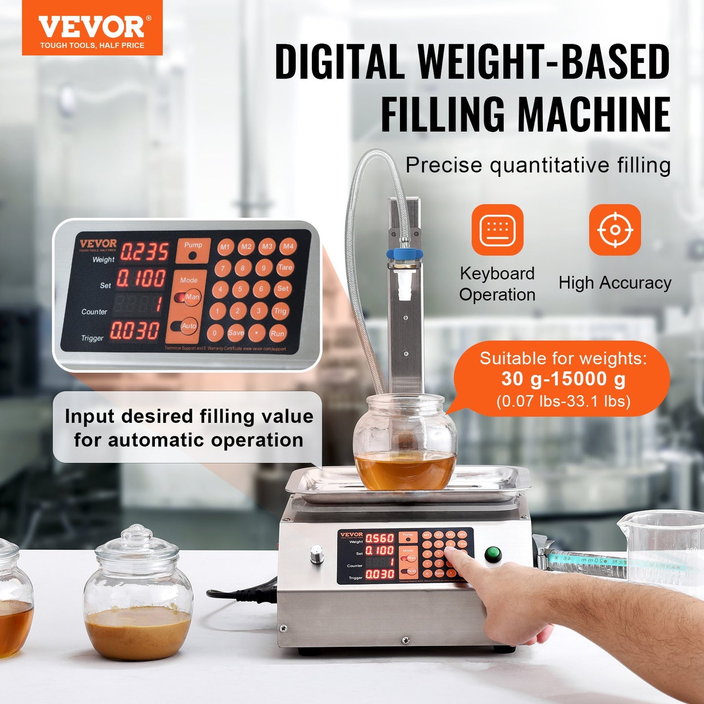 Liquid Filling Machine, 30-15000g Weighing Capacity, Automatic Bottle Filling Machine Bottling Machine Digital Control for Milk, Water, Oil, Wine, Beverage, Detergent, Shampoo (Single Nozzle)