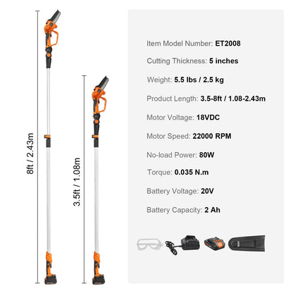 2-in-1 Cordless Pole Saw &amp; Mini Chainsaw, 20V 2Ah Battery Pole Chainsaw, 5" Cutting Capacity 8 ft Reach Pole Saw for Branch Cutting and Tree Pruning (Battery and Blade Guard Included)