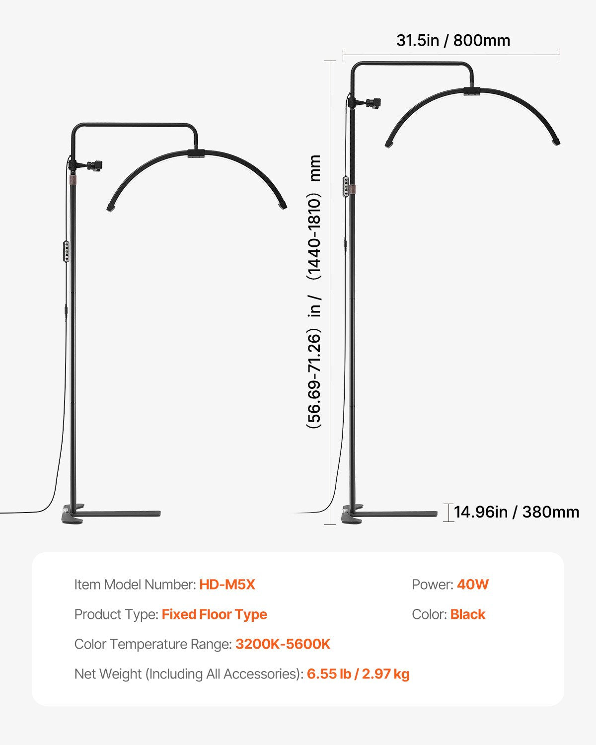 Half Moon Light for Esthetician 26 Inch Dimmable LED Floor Lamp Lash Light Arched