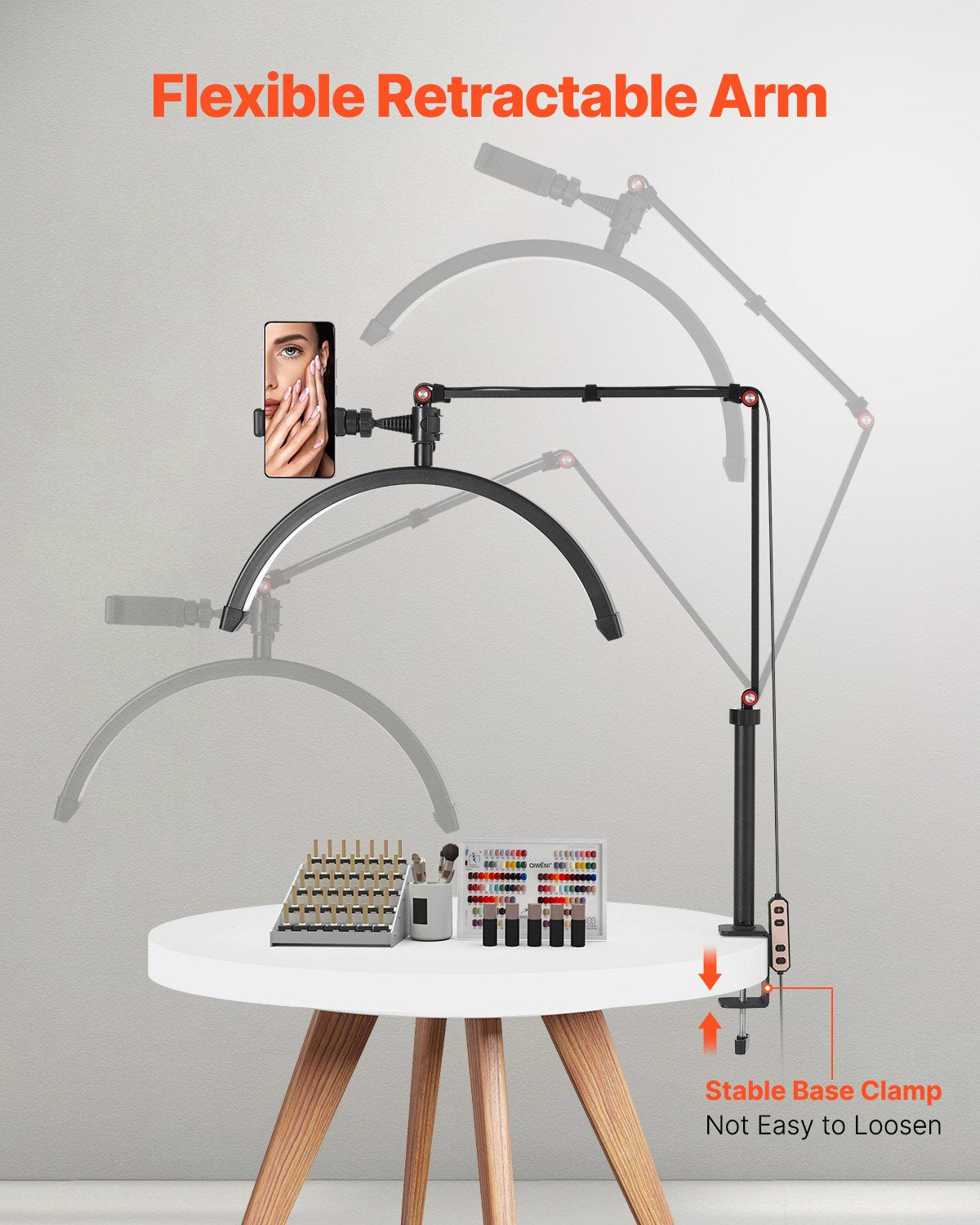 Nail table lamp 20 W Clip on Half Moon Lash Light with phone holder curved LED