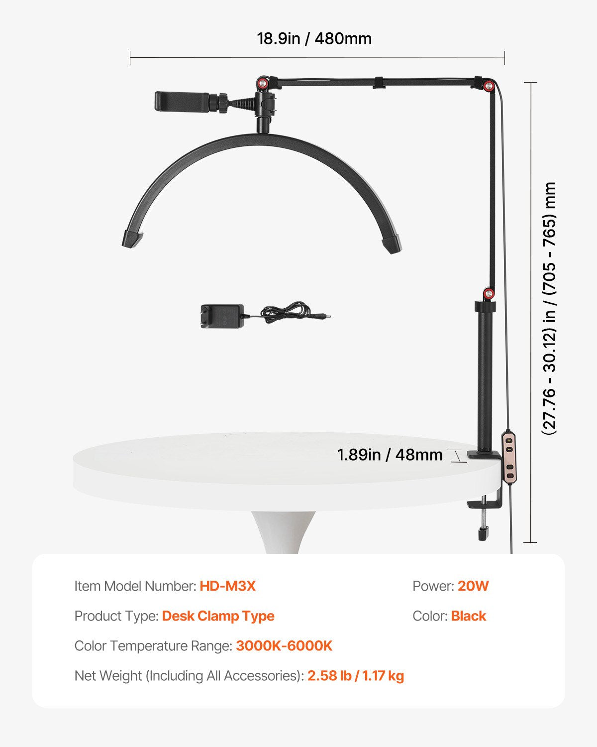 Nail table lamp 20 W Clip on Half Moon Lash Light with phone holder curved LED