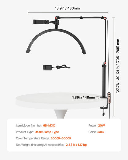 Nail table lamp 20 W Clip on Half Moon Lash Light with phone holder curved LED