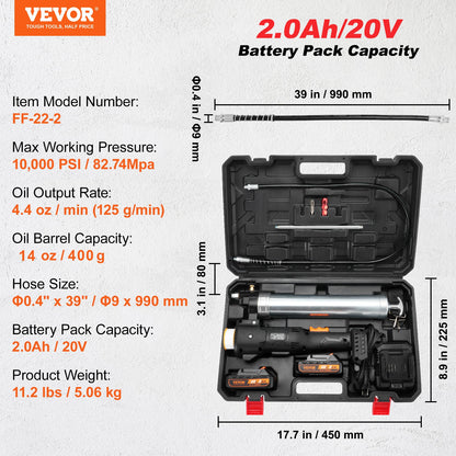 Sladdlös fettpistol elektrisk 20 volt 2,0 Ah batterisats 10000PSI med fodral
