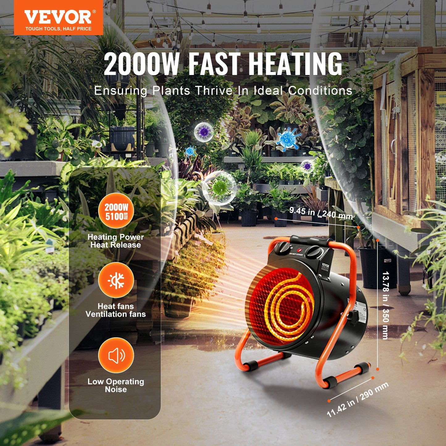 Greenhouse heater 2000W Fast heating with overheating protection Waterproof