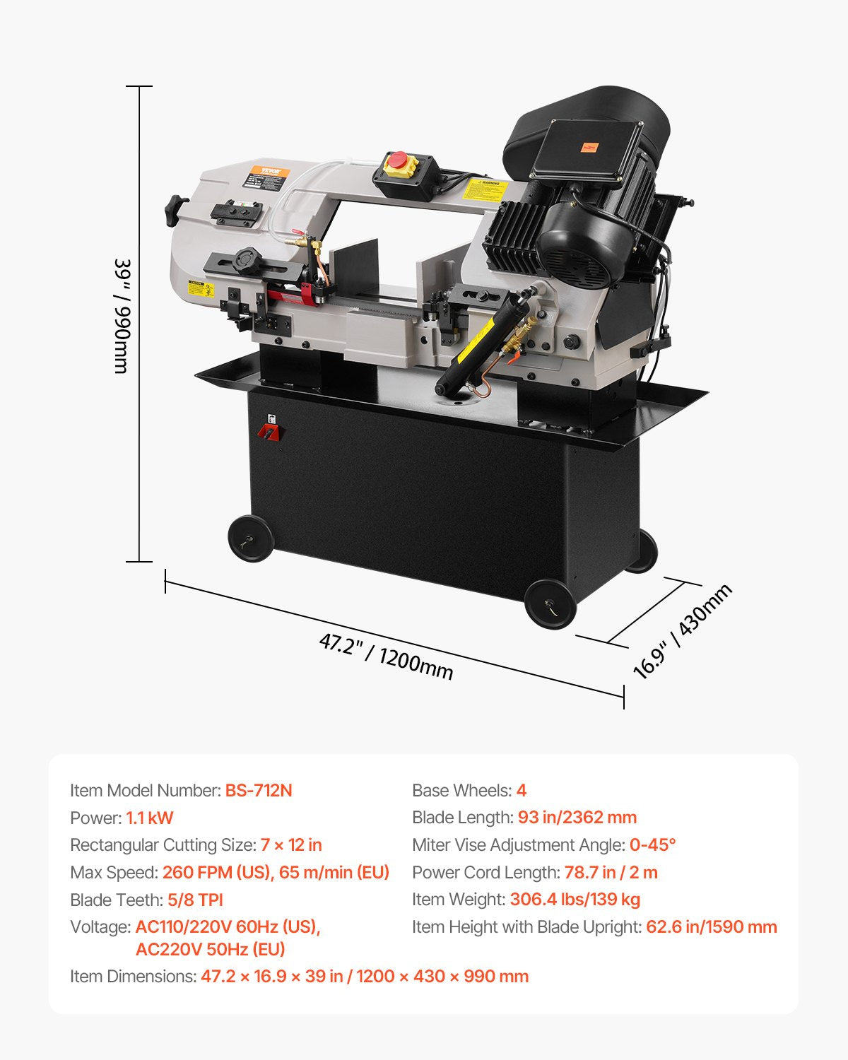 Metal Horizontal Band Saw 7 x 12 Inch 1.1KW Variable Speed Band Saw 220V