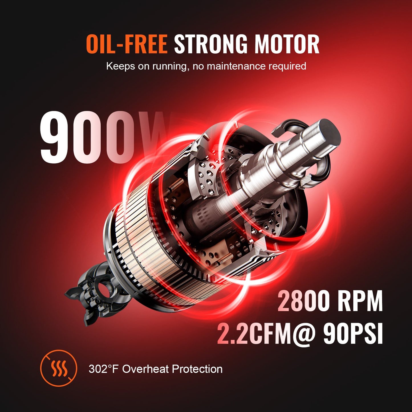 Luftkompressor 2,1 gallon 900W 2,2 CFM@ 90PSI 70 dB Ultra tyst oljefri