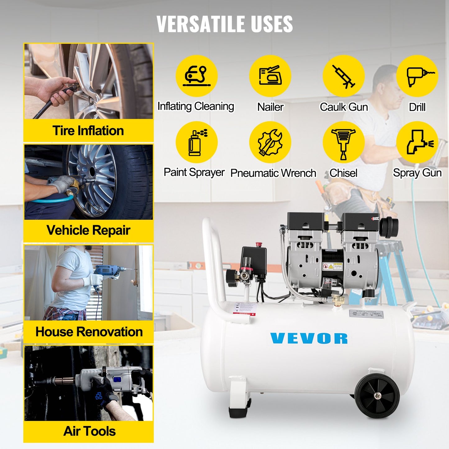 Luftkompressor 11 gallon, ultratyst luftkompressor 1 hk, oljefri luftkompressor ståltank 750W, bärbar luftkompressor 8 bar, ultratyst kompressor för hemreparation, däckpumpning