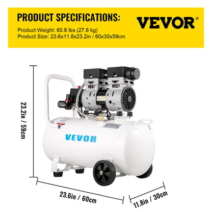 Luftkompressor 11 gallon, ultratyst luftkompressor 1 hk, oljefri luftkompressor ståltank 750W, bärbar luftkompressor 8 bar, ultratyst kompressor för hemreparation, däckpumpning