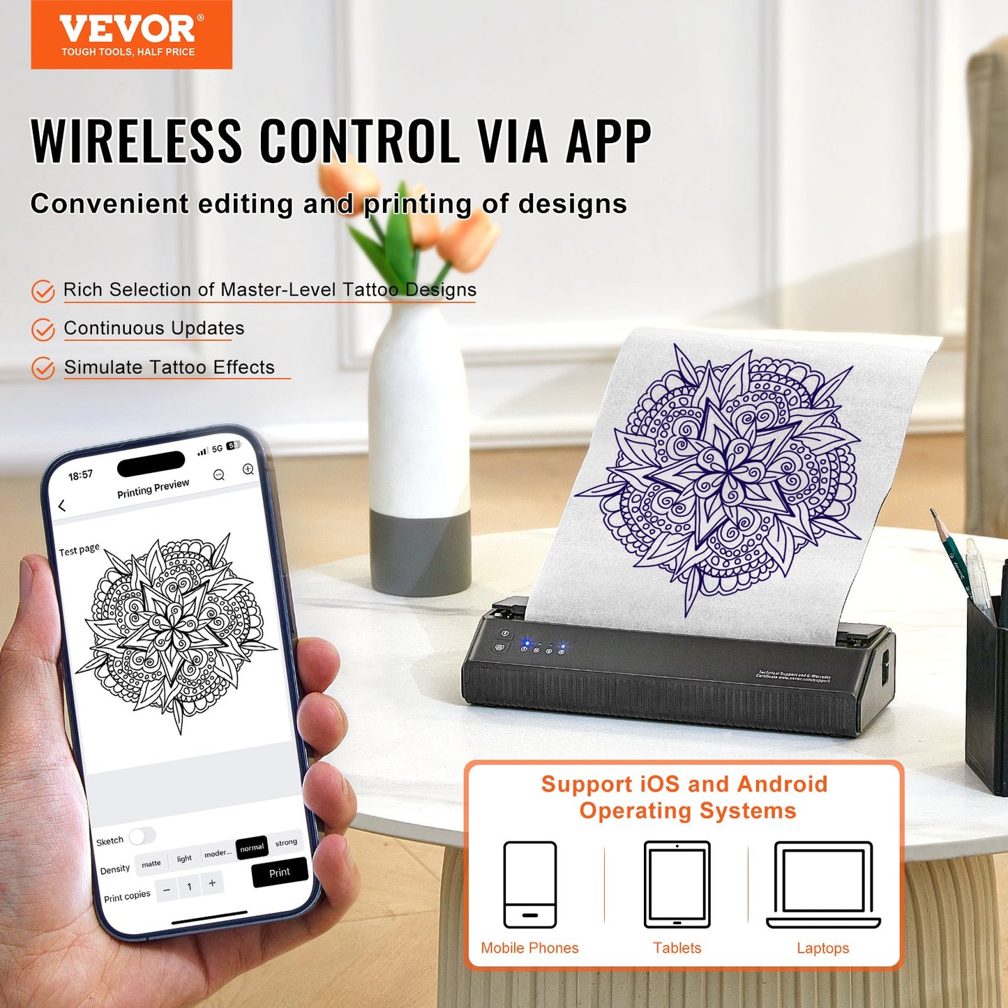 Tattoo-Transfer-Schablonendrucker, kabelloser Bluetooth-Tattoo-Schablonendrucker mit 10-teiligem Transferpapier und Stofftasche, tragbarer Tattoo-Drucker für Android- und iOS-Telefone, iPad und PC