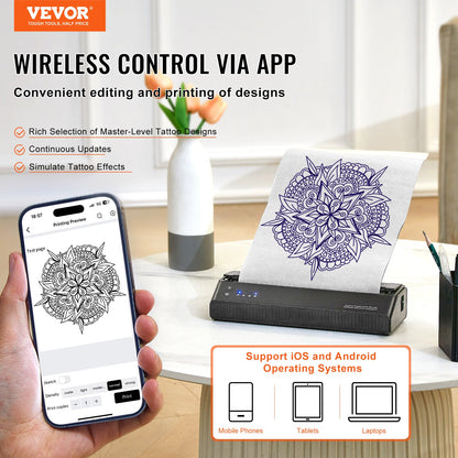 Tattoo-Transfer-Schablonendrucker, kabelloser Bluetooth-Tattoo-Schablonendrucker mit 10-teiligem Transferpapier und Stofftasche, tragbarer Tattoo-Drucker für Android- und iOS-Telefone, iPad und PC