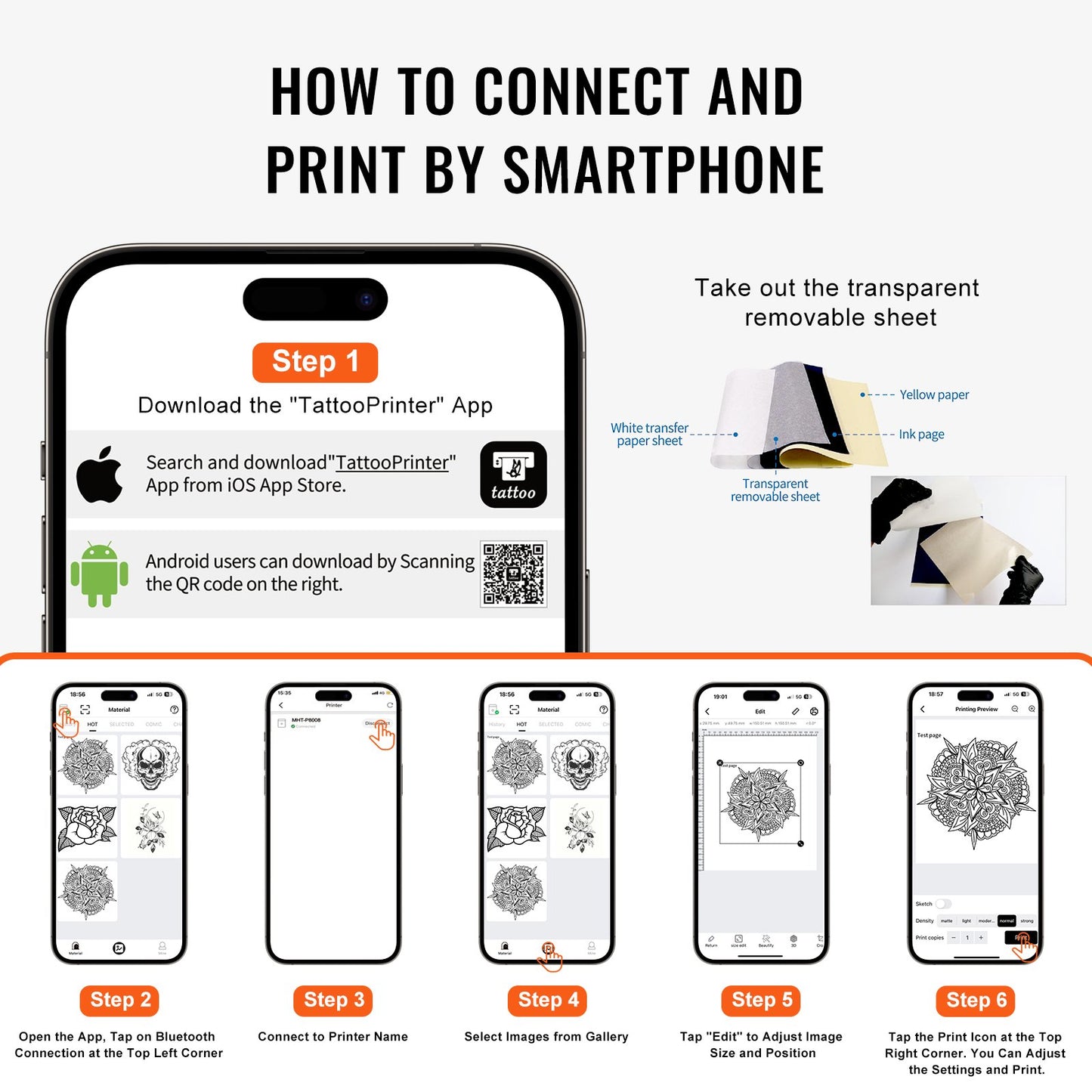 Tattoo-Transfer-Schablonendrucker, kabelloser Bluetooth-Tattoo-Schablonendrucker mit 10-teiligem Transferpapier und Stofftasche, tragbarer Tattoo-Drucker für Android- und iOS-Telefone, iPad und PC