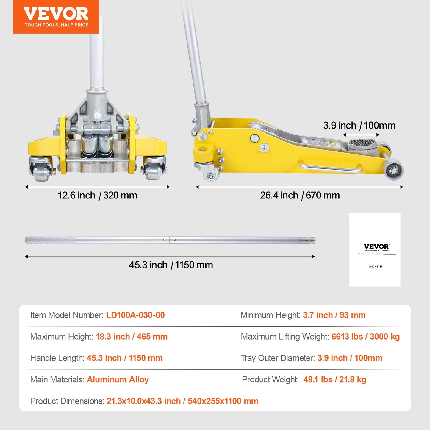 Low Profile Golvjack 3 Ton Heavy Duty Dual Piston Rapid Pump