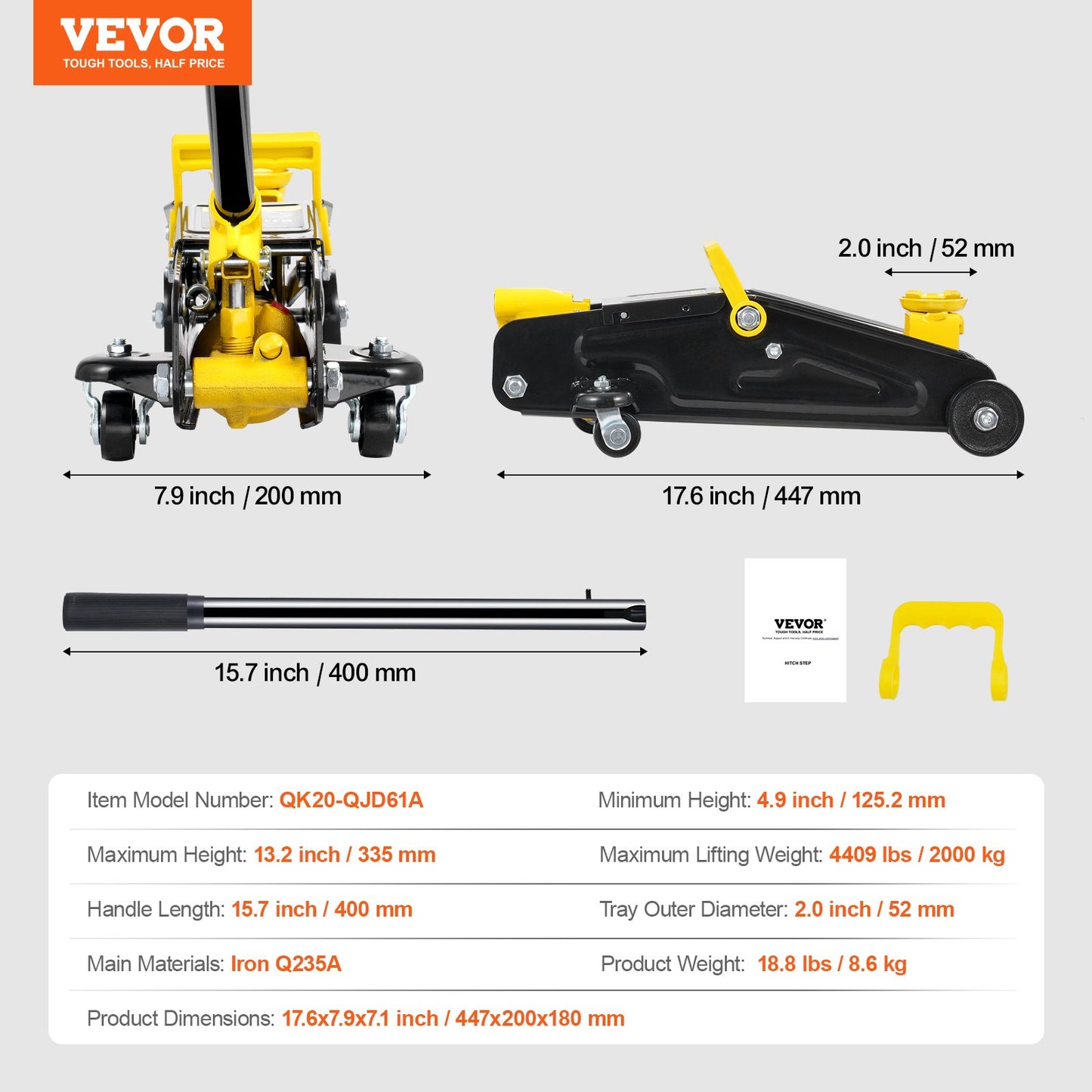 Low Profile Golvjack 2 Ton Heavy Duty enkelkolvshydraulisk pump