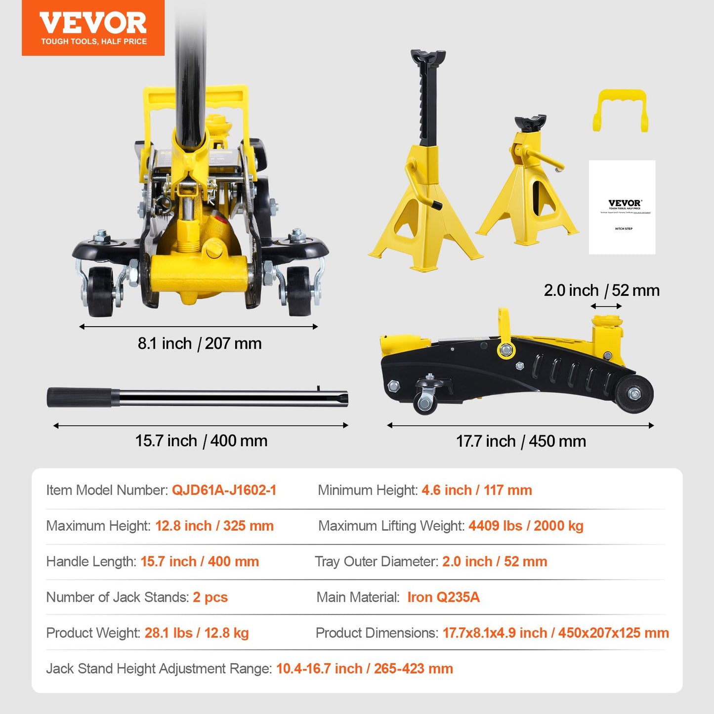Low Profile Golvjack 2 Ton Heavy Duty enkelkolvshydraulisk pump