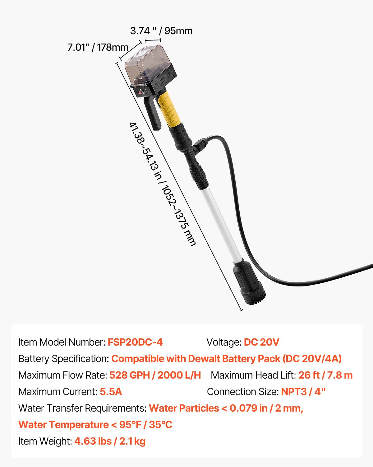 Cordless Stick Water Transfer Pump for Dewalt 20V MAX Battery (Tool Only)