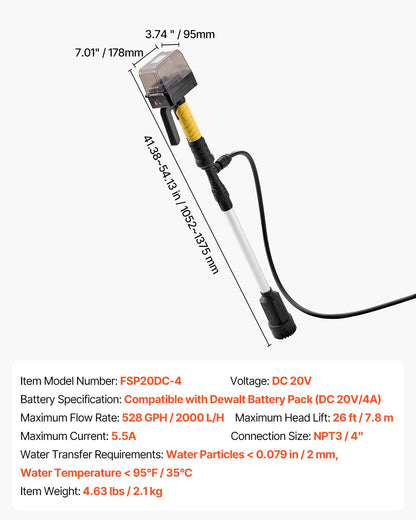 Cordless Stick Water Transfer Pump for Dewalt 20V MAX Battery (Tool Only)