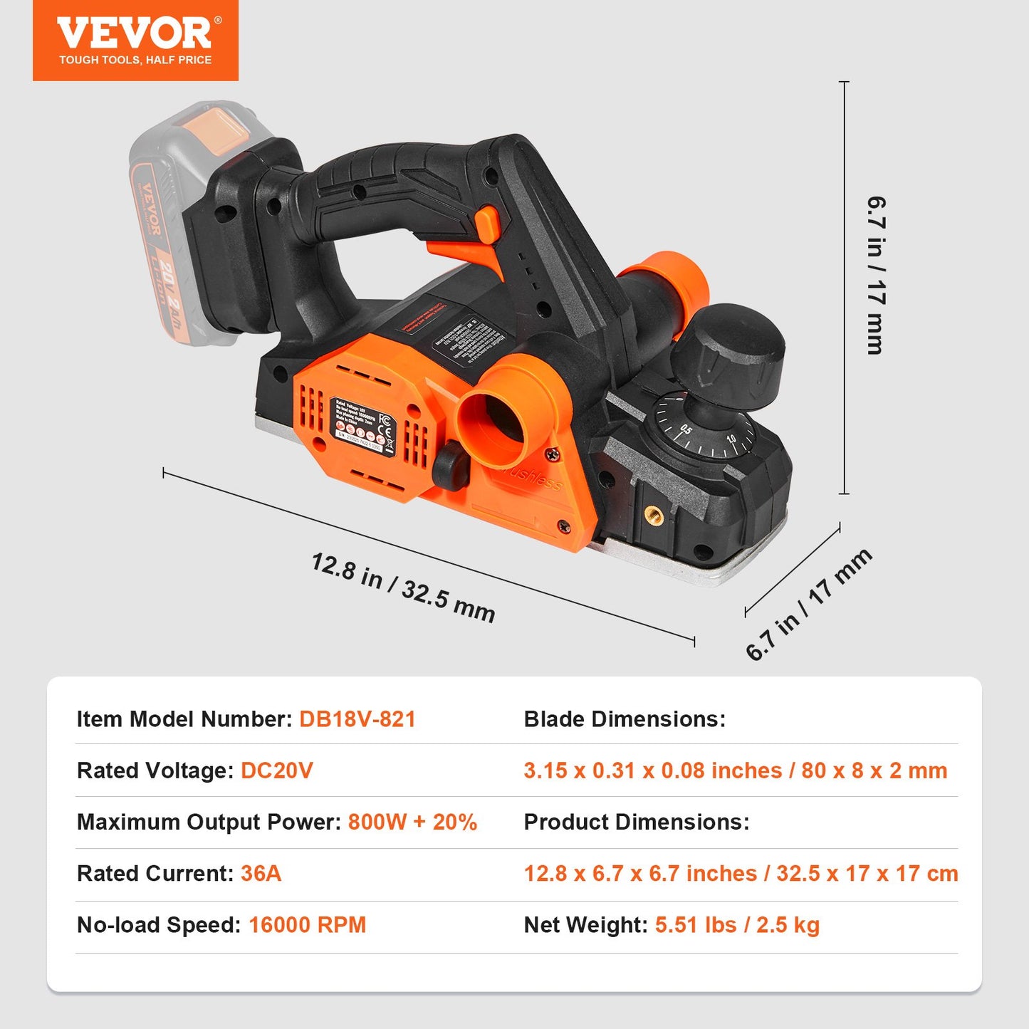 Cordless Electric Hand Planer, 3-1/4" Width, 16500 rpm Handheld Wood Planer with 5/64" Adjustable Planing Depth HSS Blade Dual Side Dust Outlets, for Woodworking Wood Planing Surface Smoothing