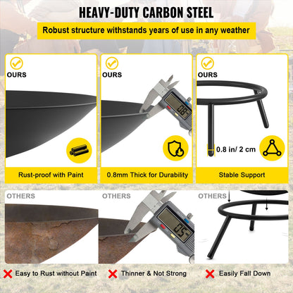 Fire Pit Bowl, 22-inch Deep Round Carbon Steel Fire Bowl, Wood Burning for Patios, Backyards and Camping Use, with a Drain Hole and a Wood Stick, Black