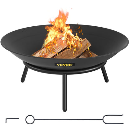 Fire Pit Bowl, 22-inch Deep Round Carbon Steel Fire Bowl, Wood Burning for Patios, Backyards and Camping Use, with a Drain Hole and a Wood Stick, Black