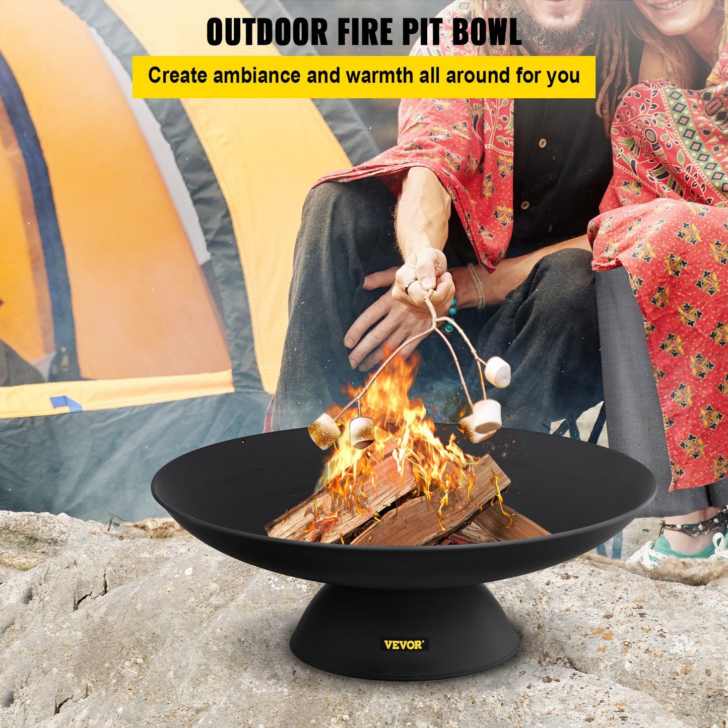 Fire Pit Bowl, 30-tums djup rund eldskål i gjutjärn, vedeldning för uteplatser, bakgårdar och campingbruk, med en stabil skål designad bas och en vedpinne, svart