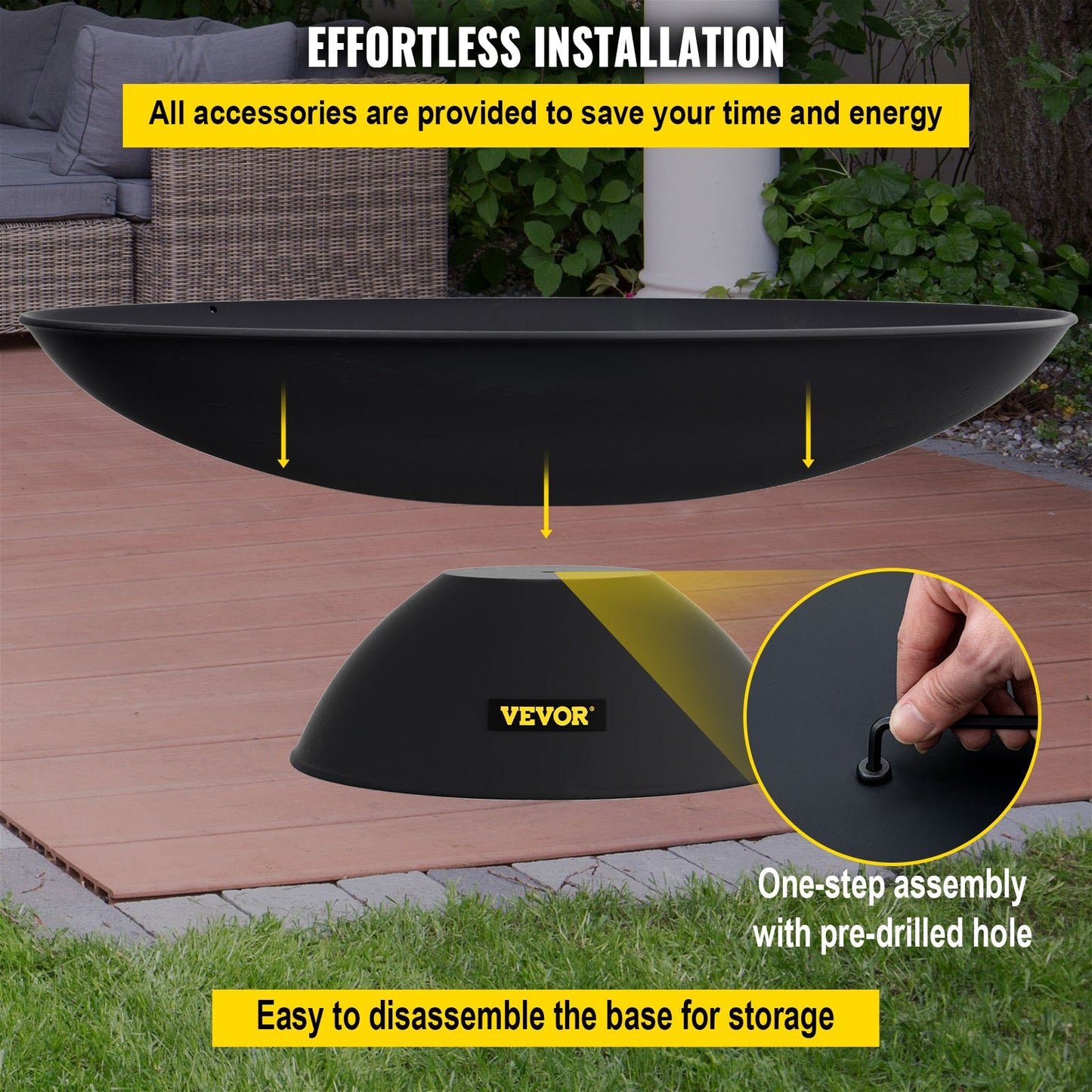 Fire Pit Bowl, 30-tums djup rund eldskål i gjutjärn, vedeldning för uteplatser, bakgårdar och campingbruk, med en stabil skål designad bas och en vedpinne, svart