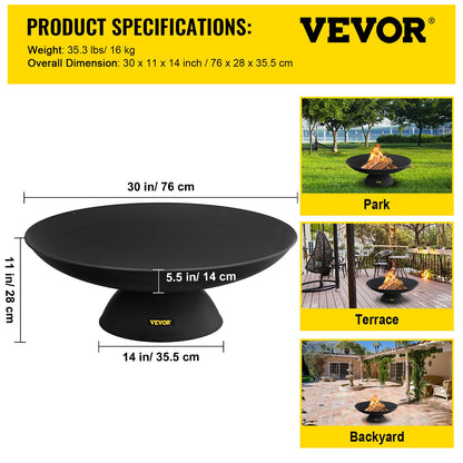 Fire Pit Bowl, 30-tums djup rund eldskål i gjutjärn, vedeldning för uteplatser, bakgårdar och campingbruk, med en stabil skål designad bas och en vedpinne, svart